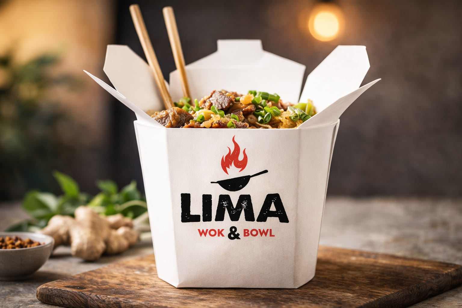 Peruvian stir-fry bowl in a branded Lima Wok & Bowl packaging