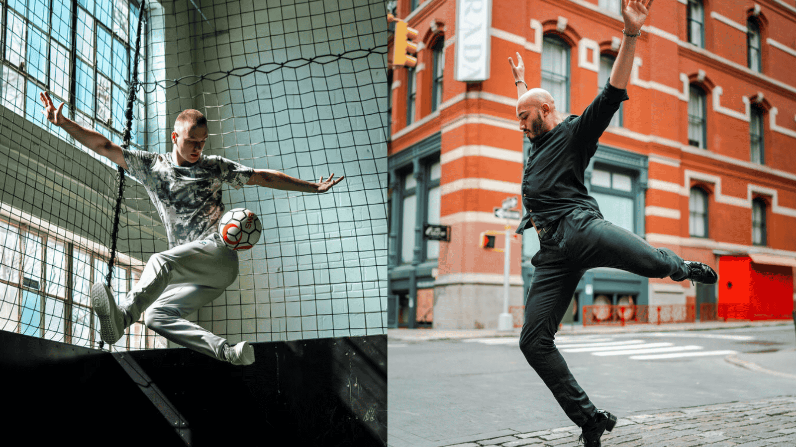 One the left a soccer player mid year kicking a ball, on the right a dancer mid air in the street.